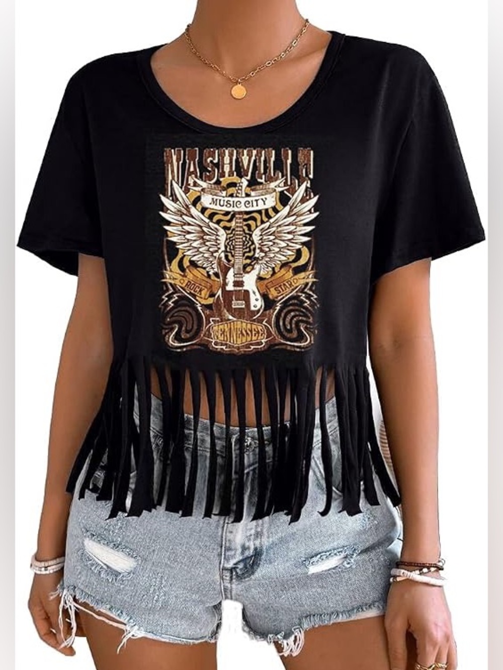 Nashville Music City Concert Black T-shirt w/ Fringe Size Small NWOT